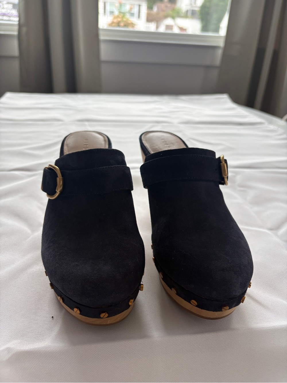 Veronica Beard Black Suede Clog Mules with Gold Buckle